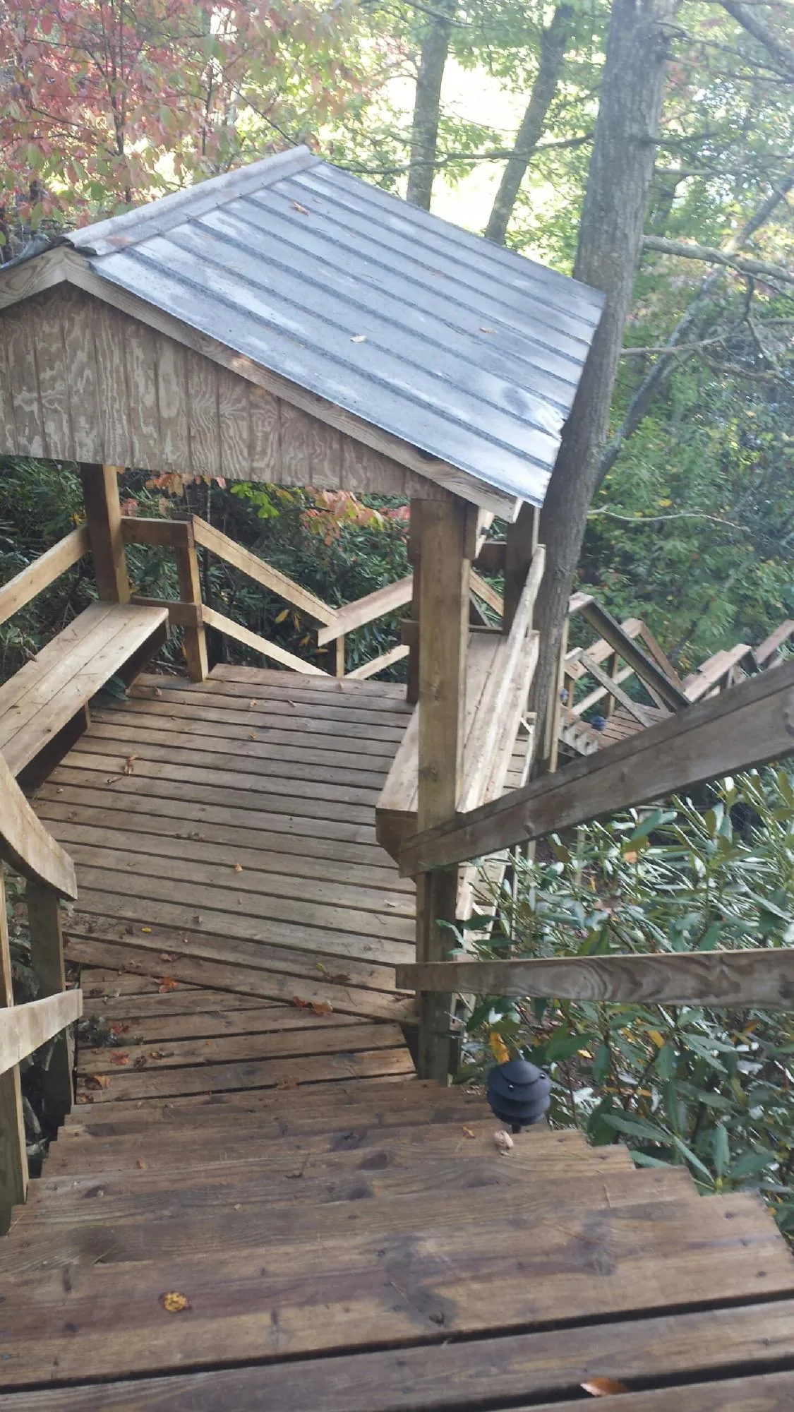 Metal roofed shelter over wooden steps on a wooded walkway — Skylight Repair & Installation work by our crew in Weskan